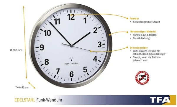TFA Dostmann TFA 60.3523 Analoge Funk-Wanduhr Mit Edelstahl-Rahmen 3